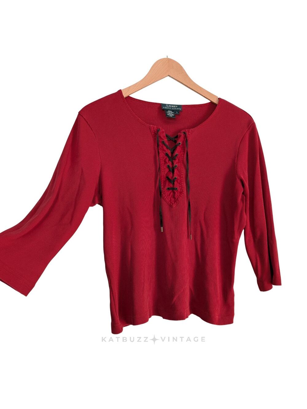 Lauren Ralph Lauren Top L Red 90S Y2K Lace Up Ribbed Corset Boho Western Vtg